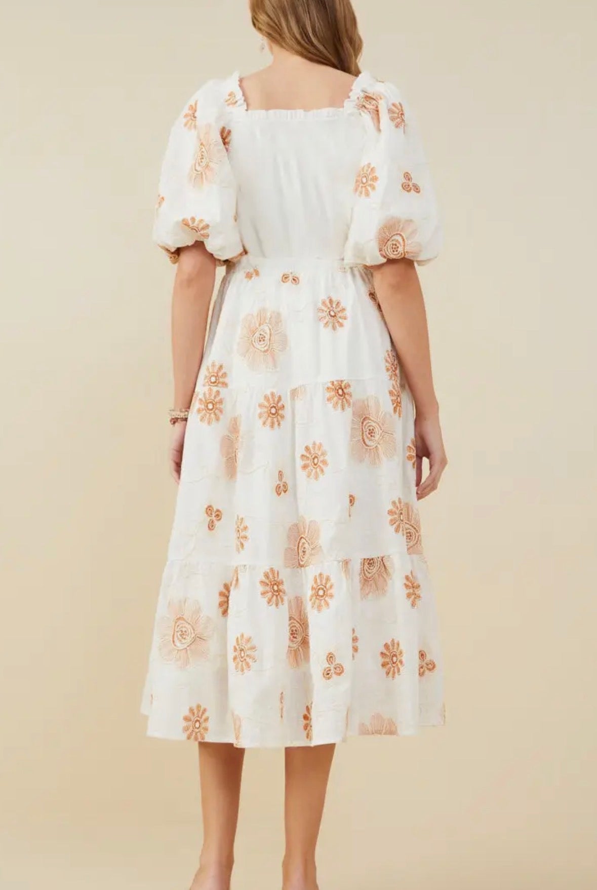 Embroidered Smocked Bodice Midi Dress