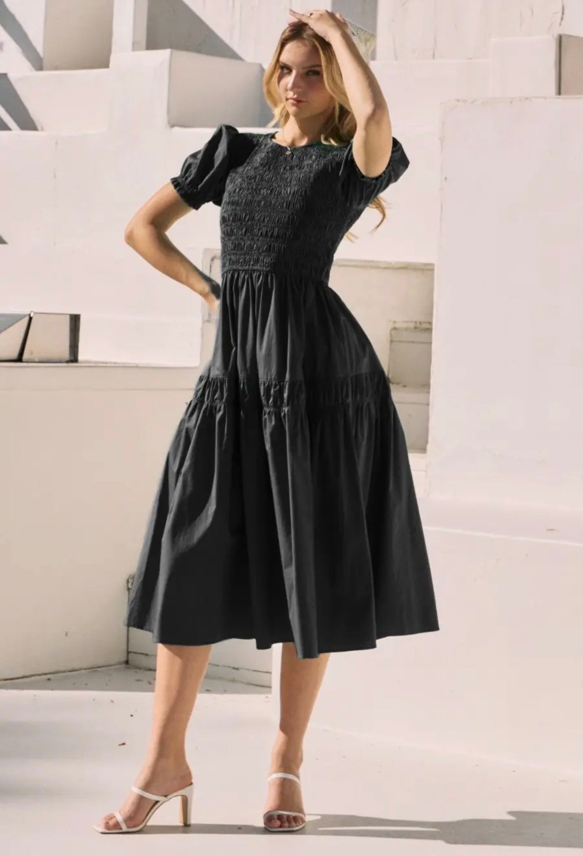 Plus Solid Poplin Smocked Bodice Midi Dress