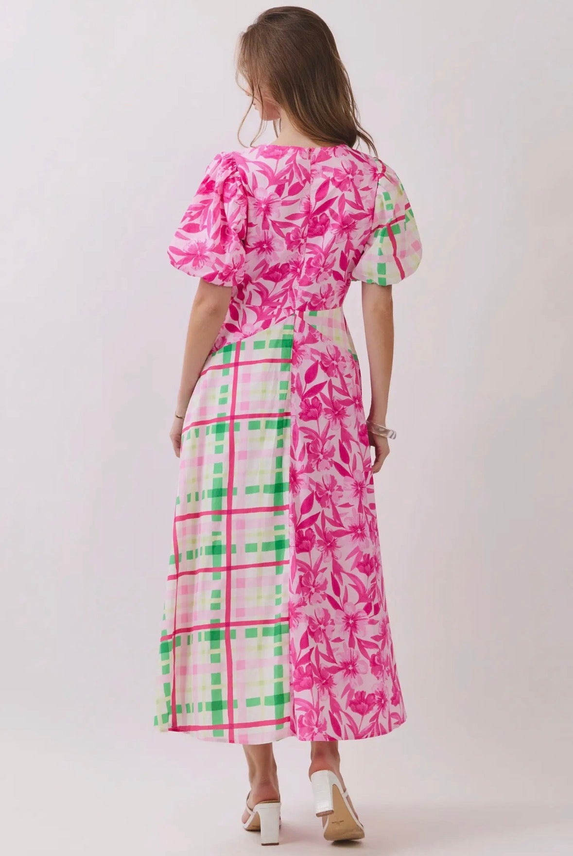 Mixed Print Puff Sleeves Midi Dress