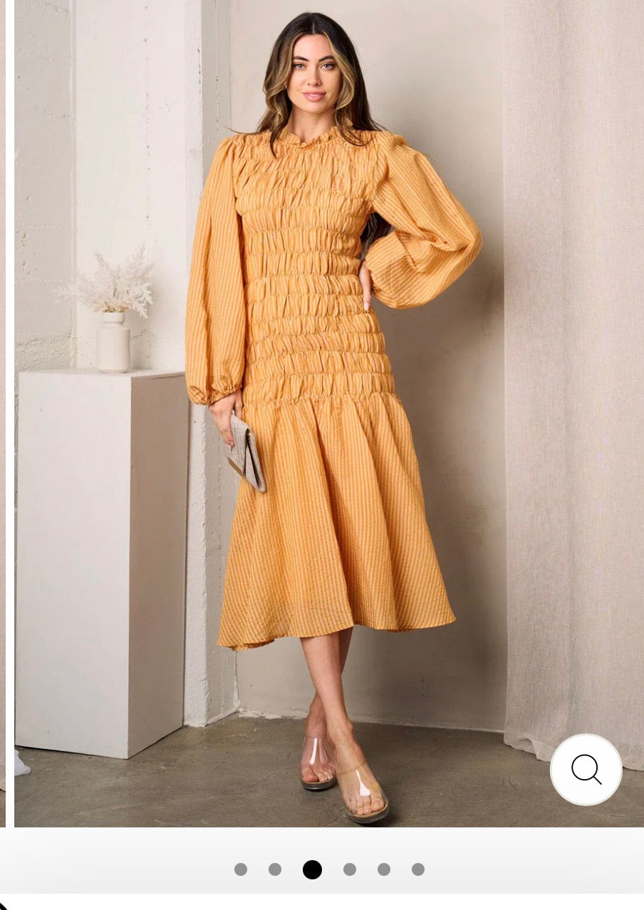 Long Ballon Sleeve Ruched Midi Dress