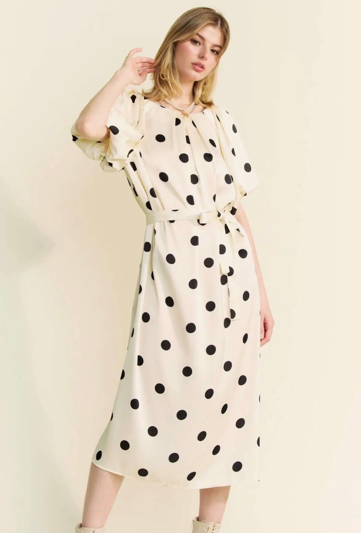 Polka Dot Puff Sleeves Waist Ties Midi Dress