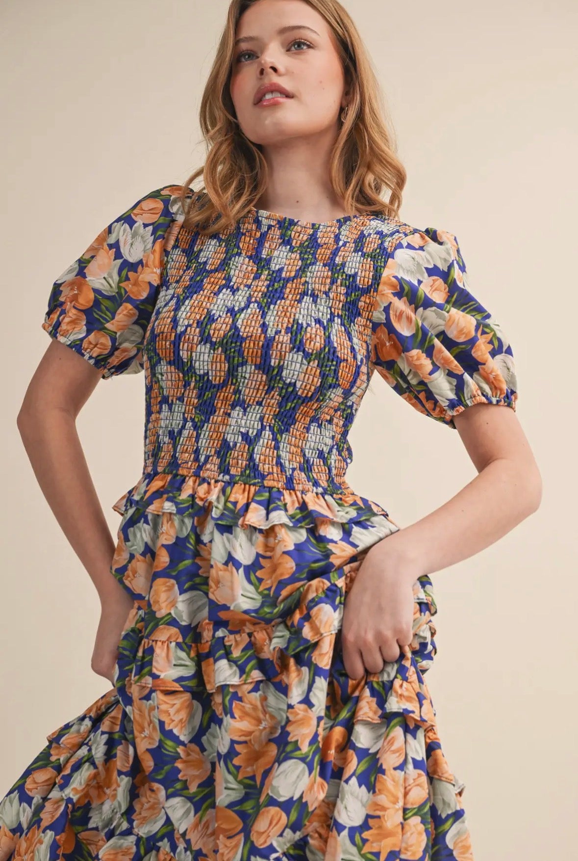 Floral Smocked Bodice Midi Dress