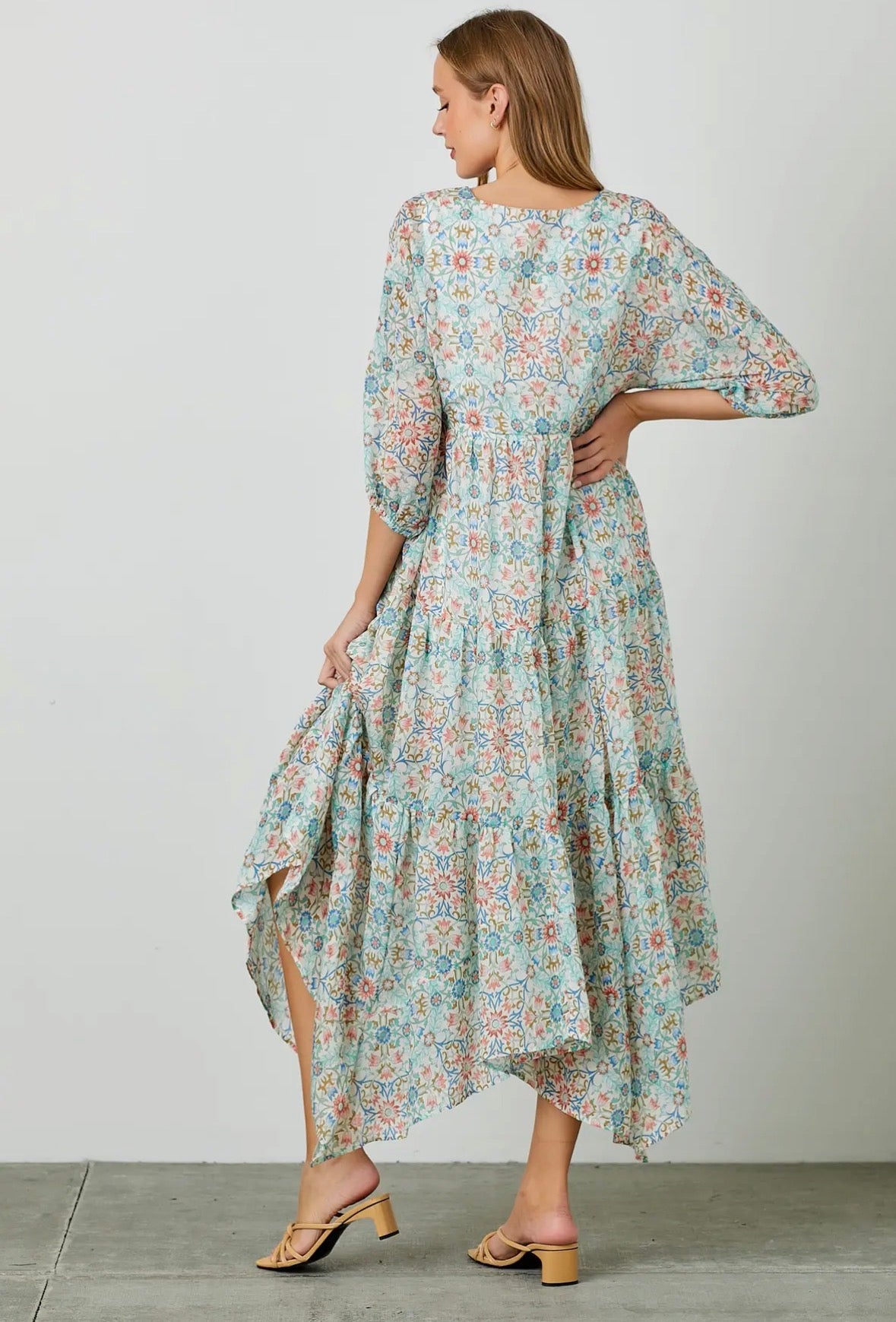 Ethnic Floral Print Hanky Hem Maxi Dress