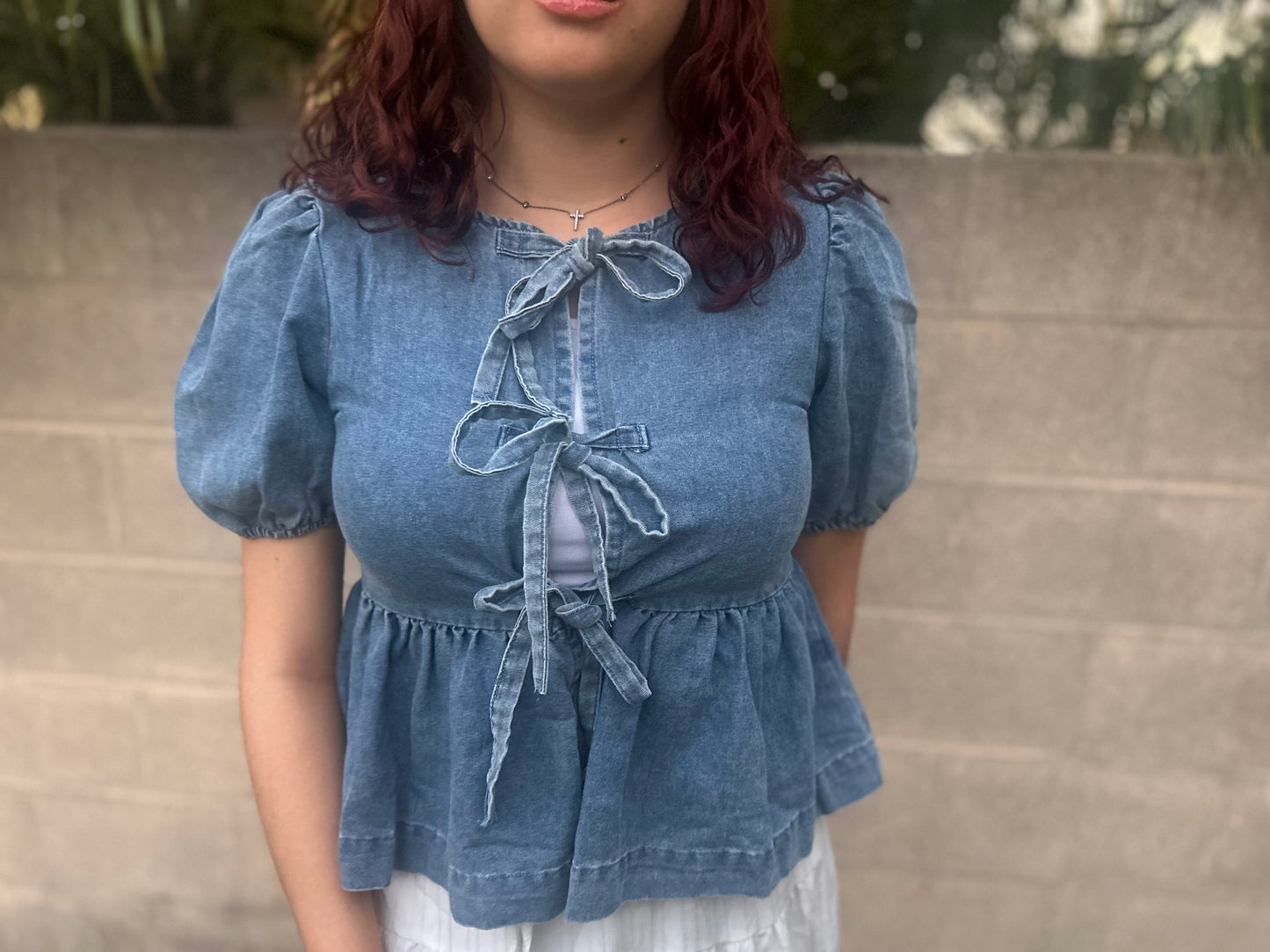 Denim Wash Open Front Bow Detail Top