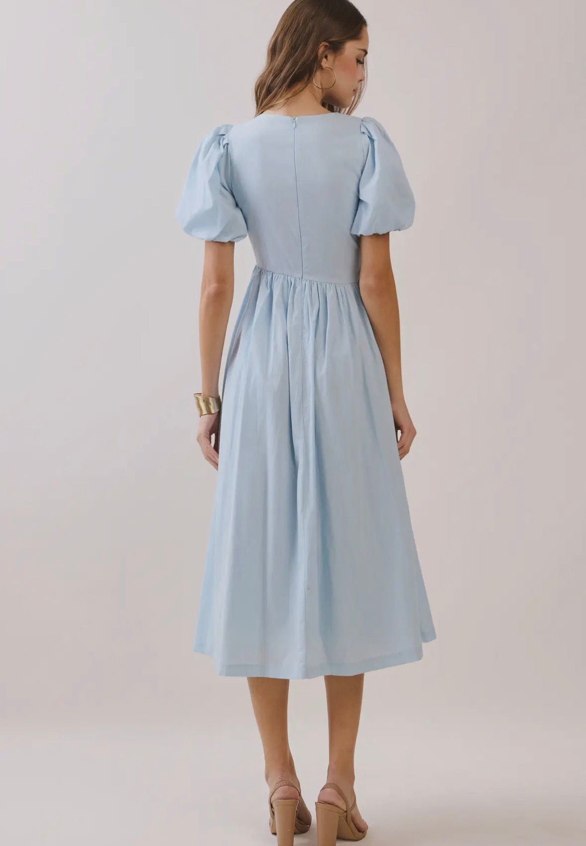 Puff Sleeve Round Neck Faux Button Detail Dress *Missing a Button on Sale For 15% off, Mark down included*