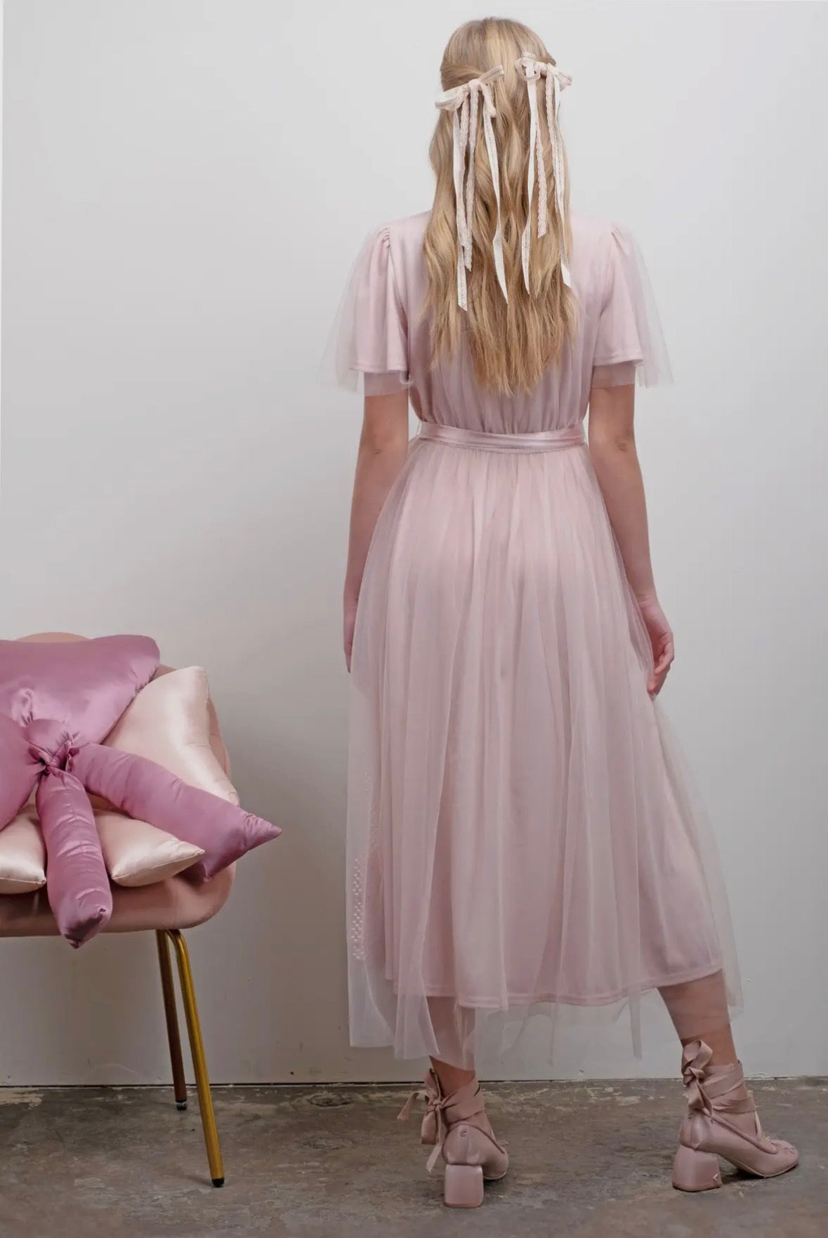 Waist Tie Tulle Short Sleeve Midi Dress