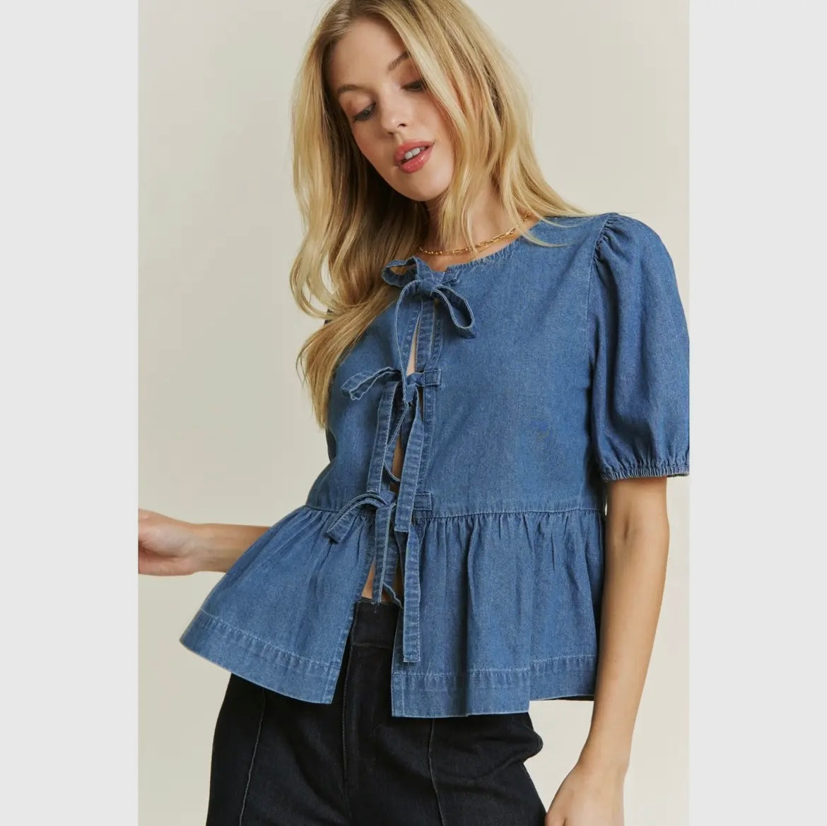 Denim Wash Open Front Bow Detail Top