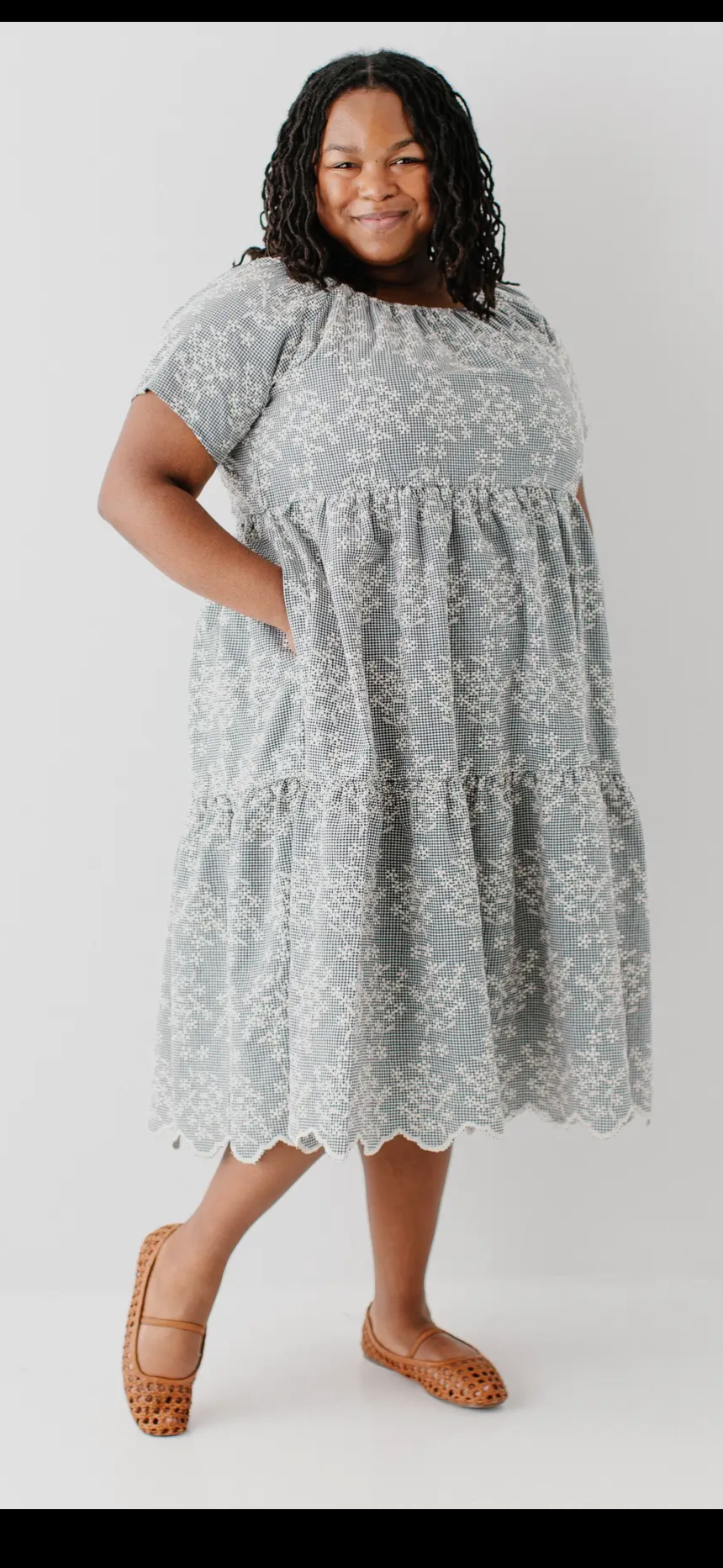 Embroidered Floral Gingham Midi Dress
