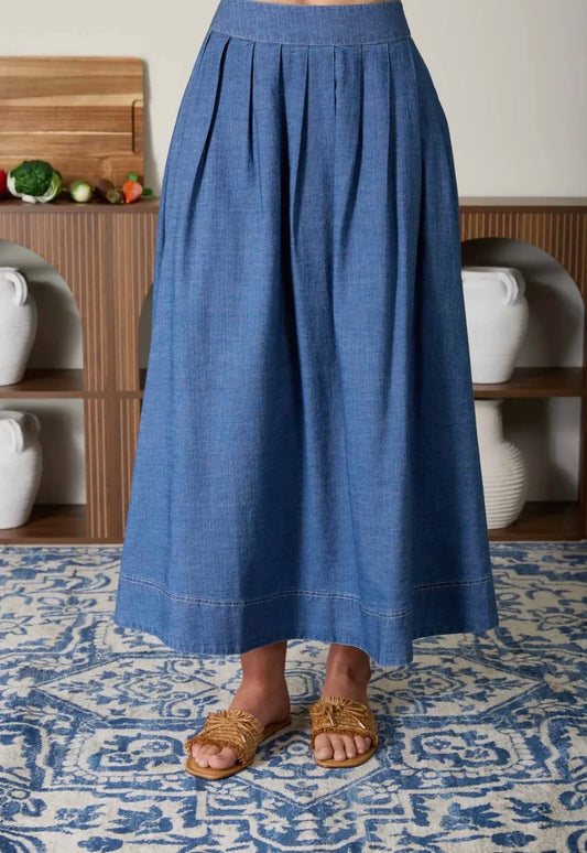 Pleated High Waisted Denim Skirt