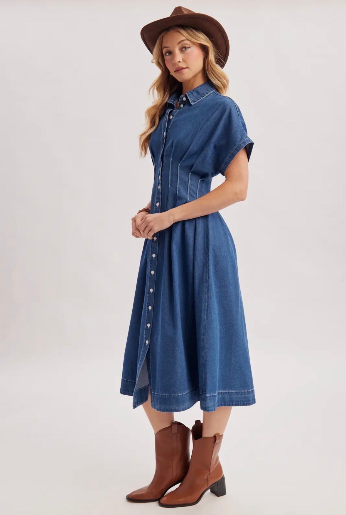 Button Down Pleated Waist Denim Shirt Dress