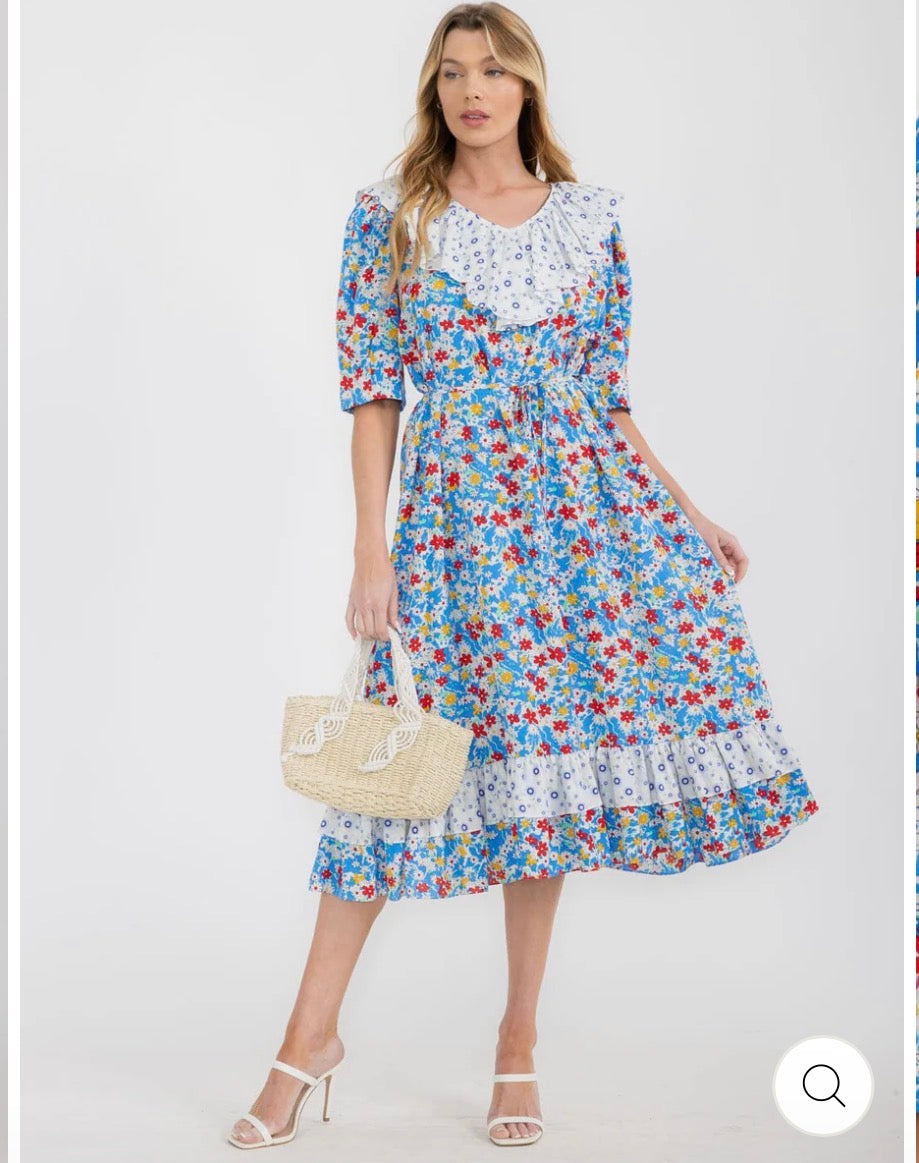 V-Neck Ruffle Colorblock Floral Midi Dress