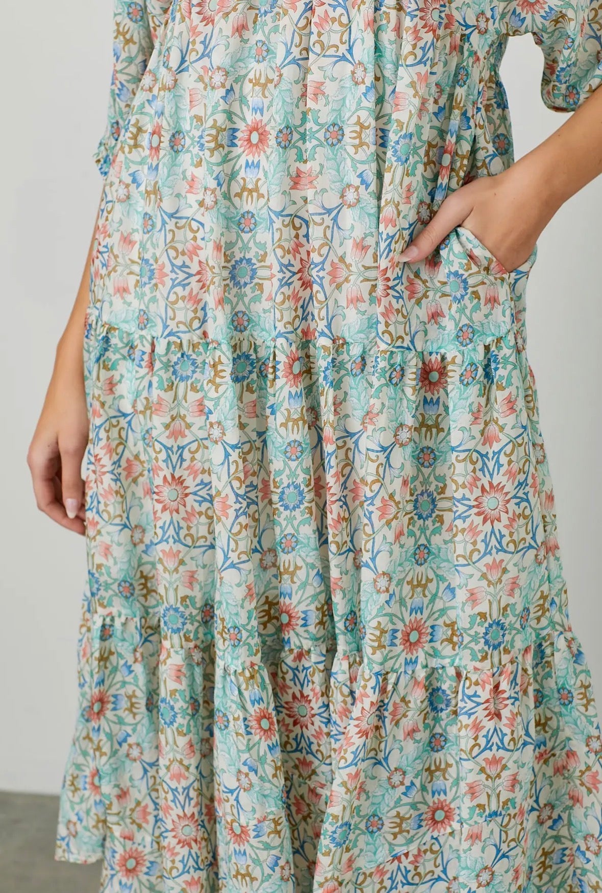 Ethnic Floral Print Hanky Hem Maxi Dress