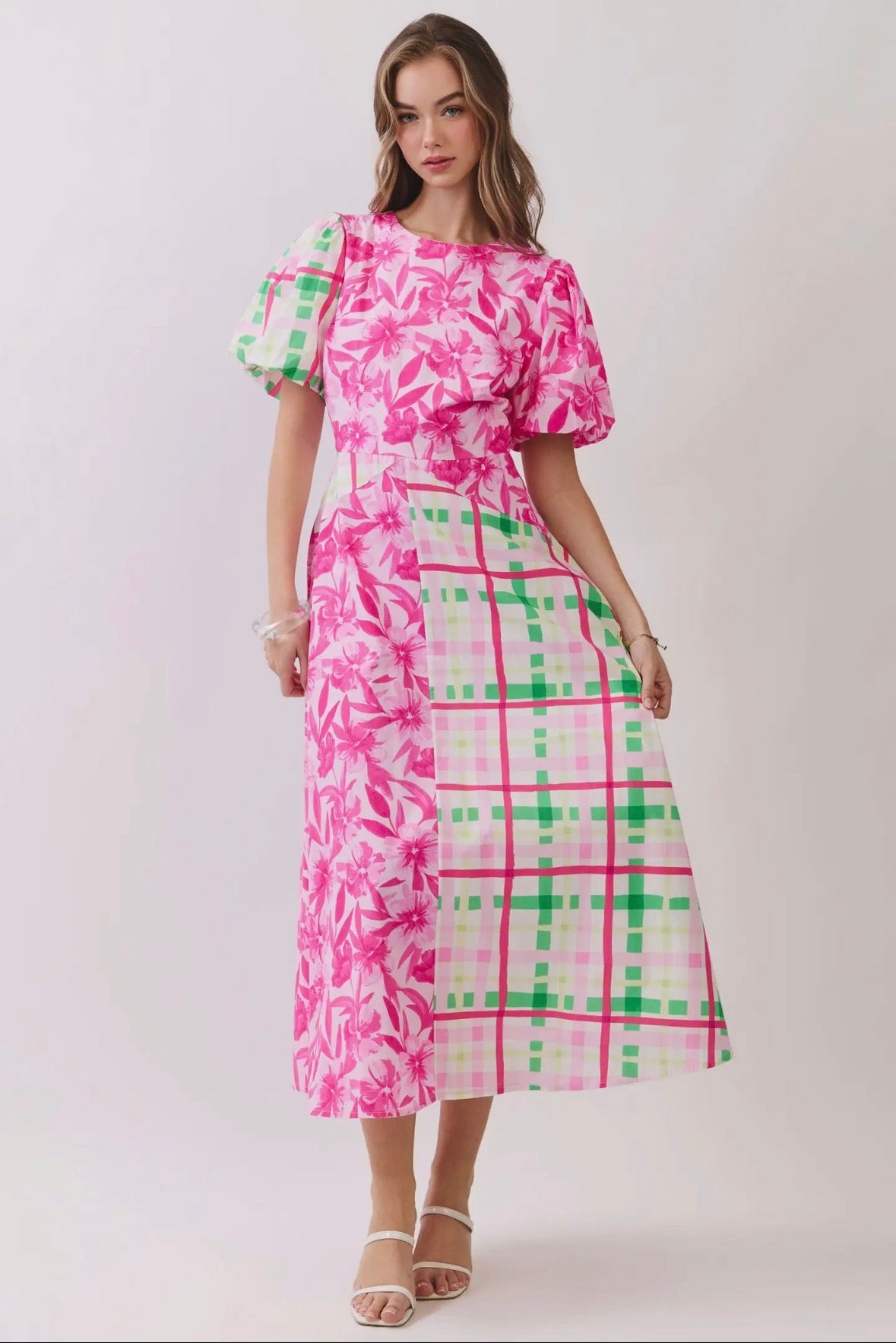Mixed Print Puff Sleeves Midi Dress