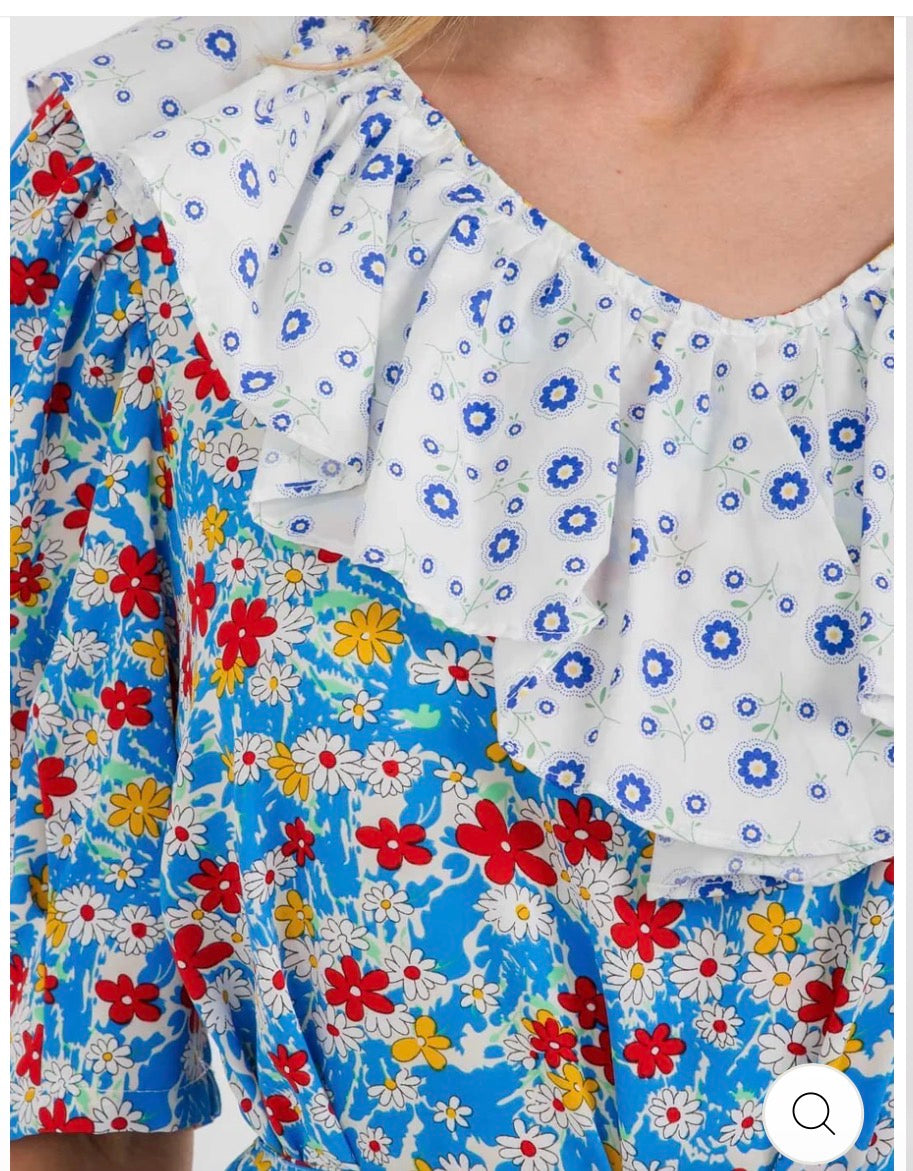 V-Neck Ruffle Colorblock Floral Midi Dress