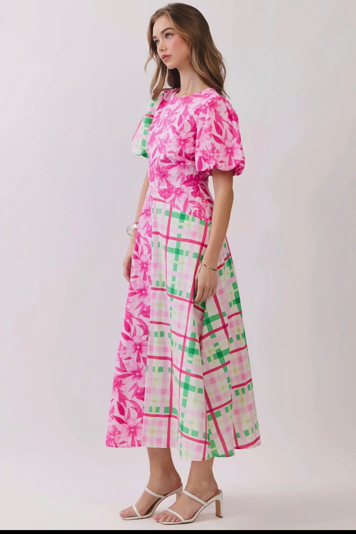 Mixed Print Puff Sleeves Midi Dress