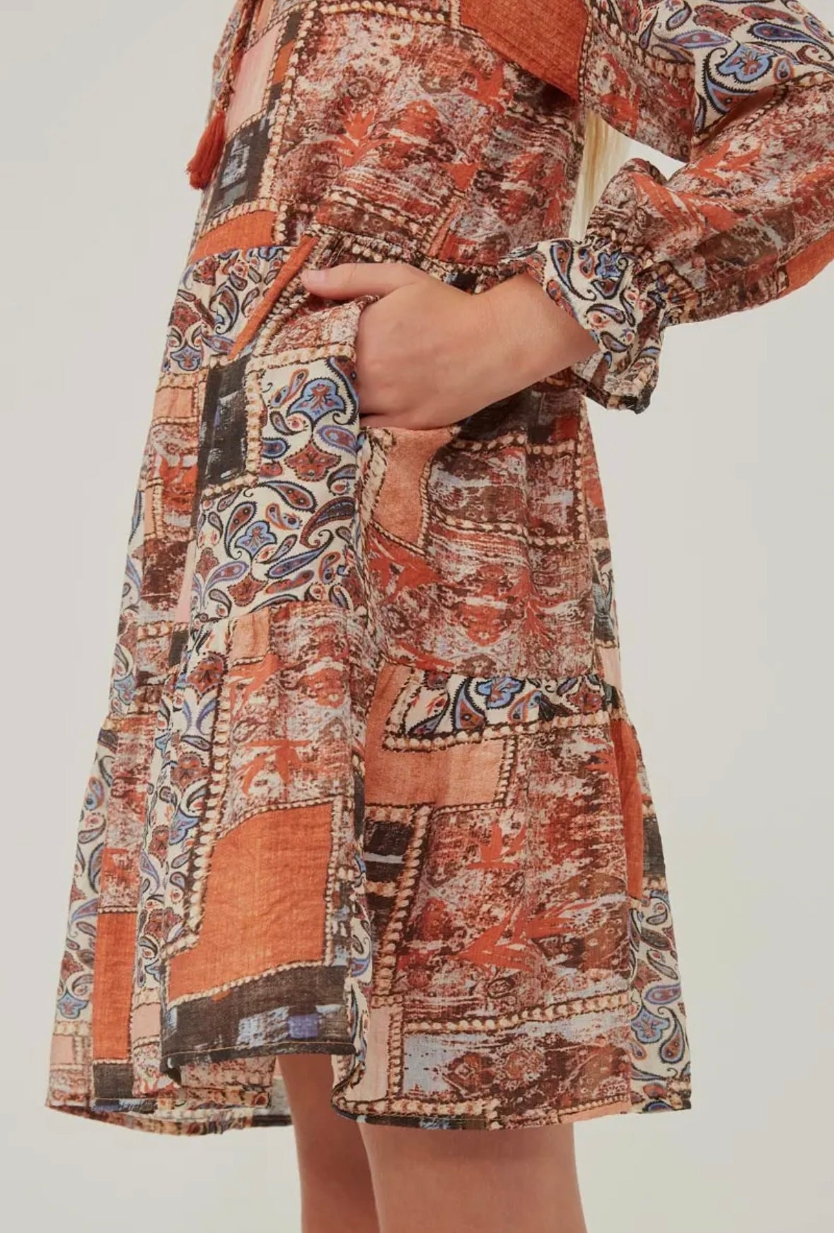 Paisley Patch Ruffled Chiffon Dress