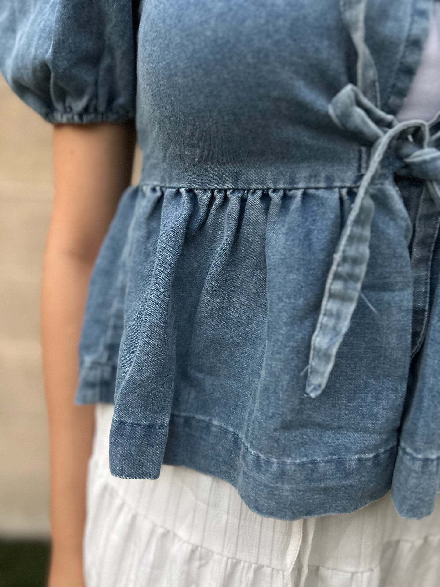 Denim Wash Open Front Bow Detail Top