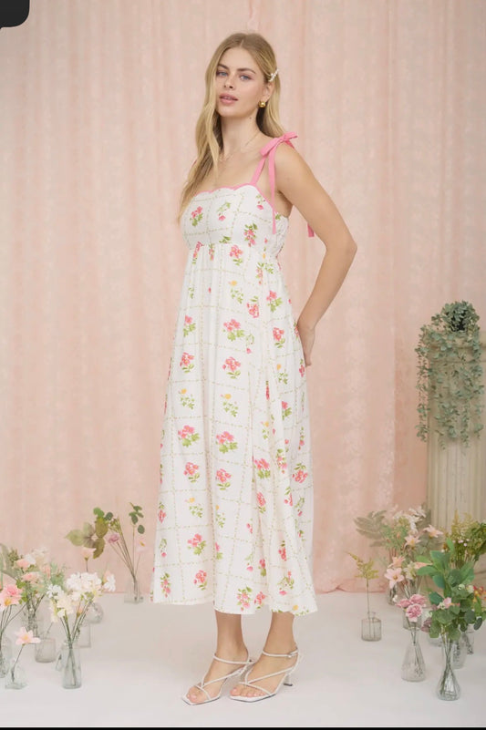 Plus Floral Title Pattern Tie Strap Midi Dress
