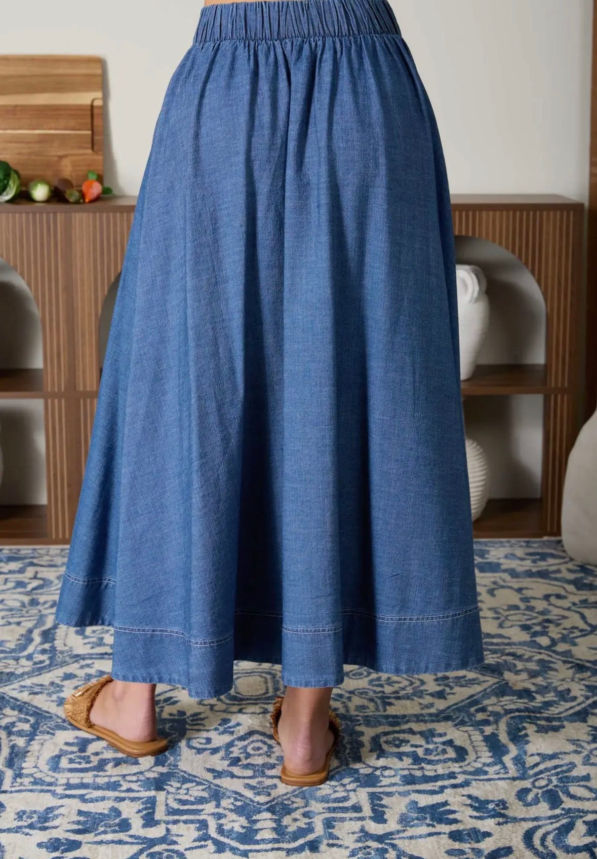 Pleated High Waisted Denim Skirt