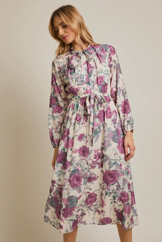 Front Bow Tie Long Sleeve Midi Dress