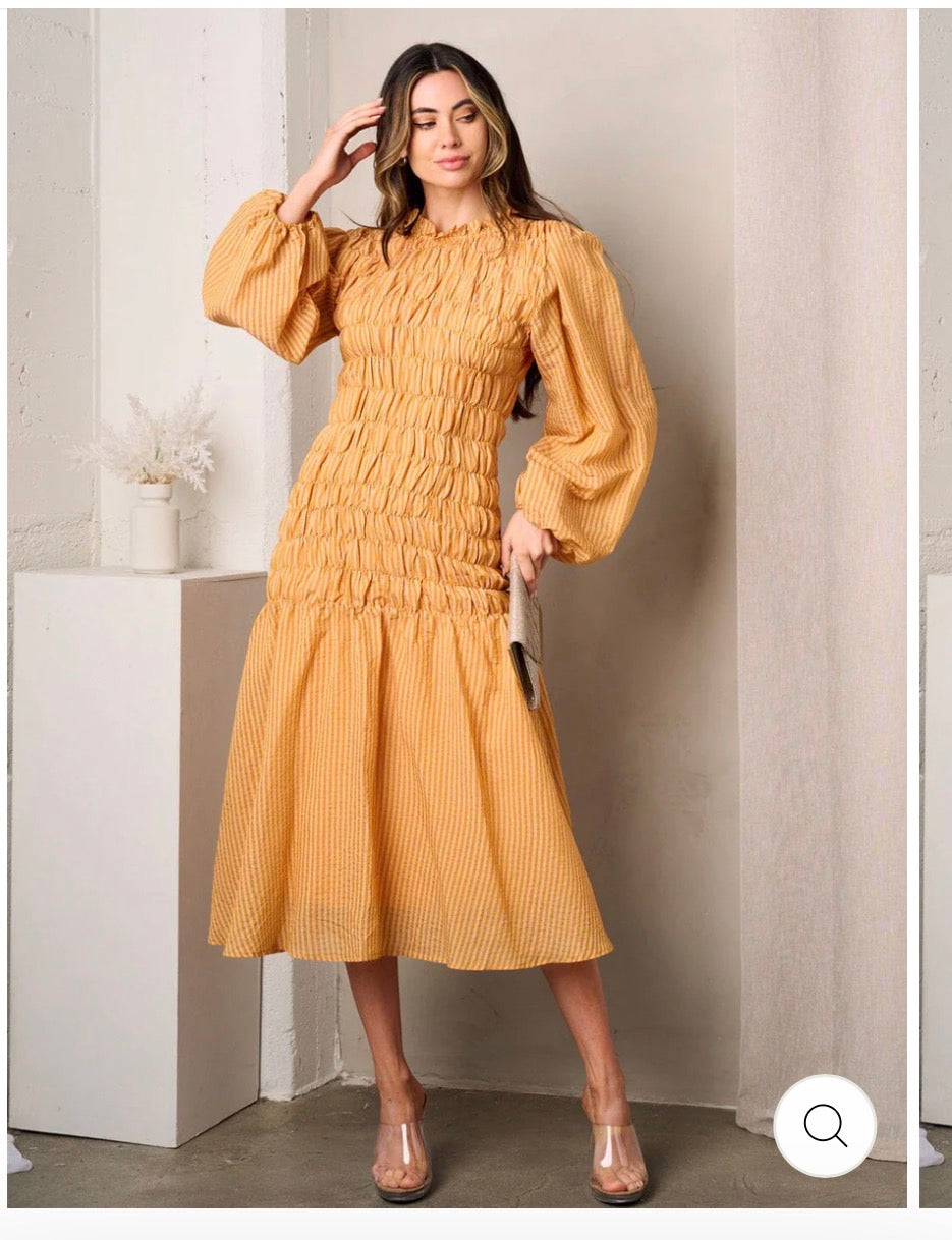 Long Ballon Sleeve Ruched Midi Dress