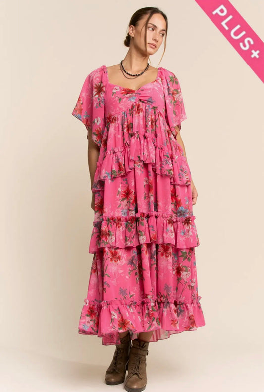 Plus Flower Printed Chiffon Maxi Dress