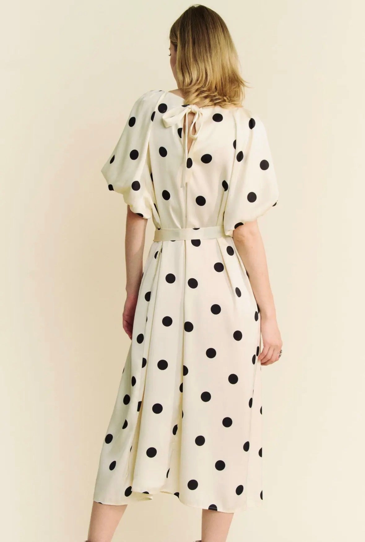 Polka Dot Puff Sleeves Waist Ties Midi Dress