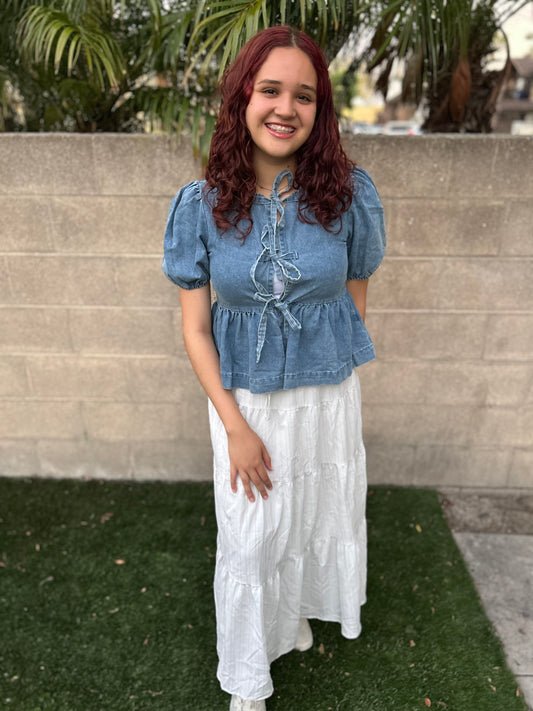Denim Wash Open Front Bow Detail Top