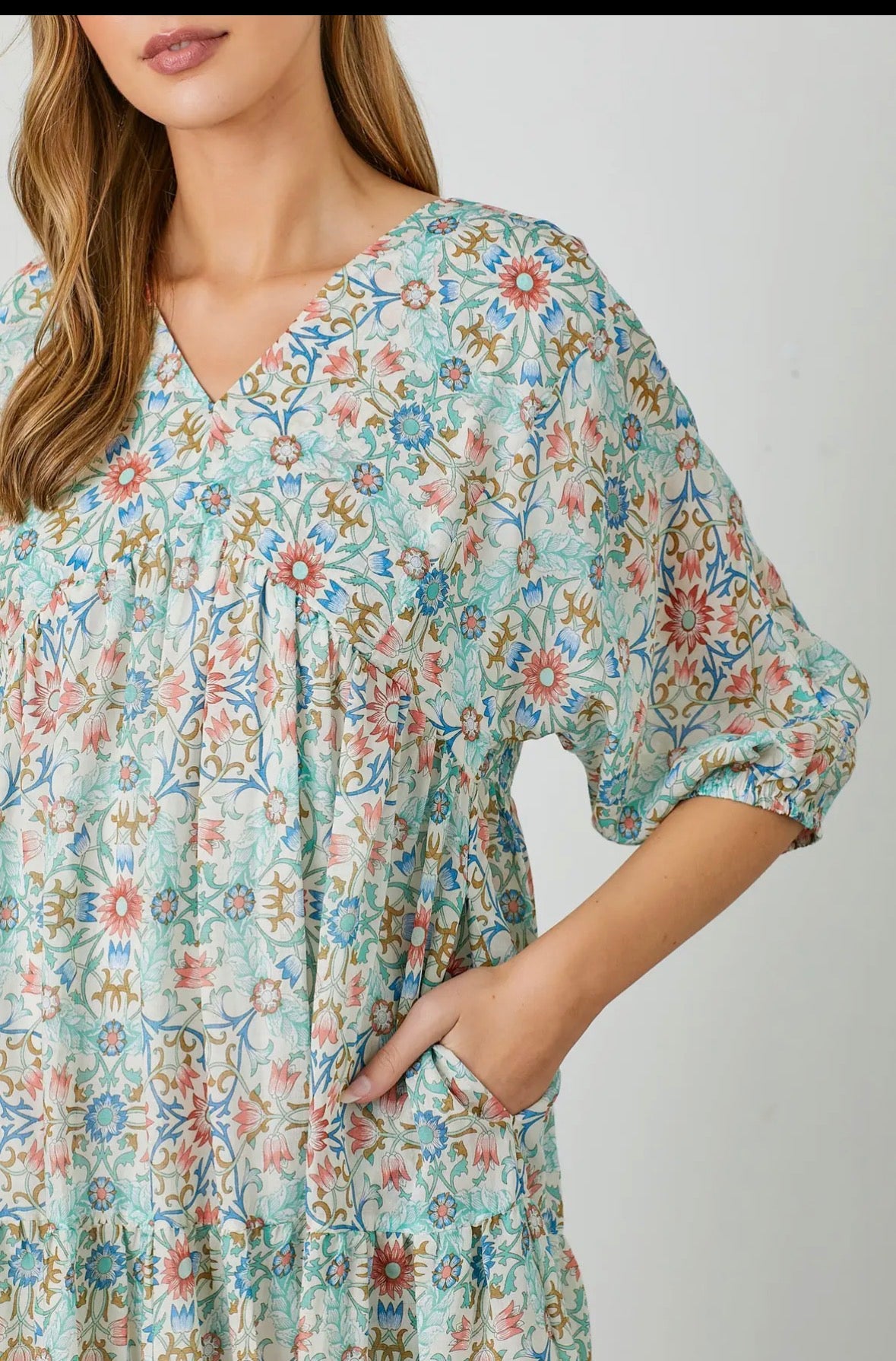 Ethnic Floral Print Hanky Hem Maxi Dress