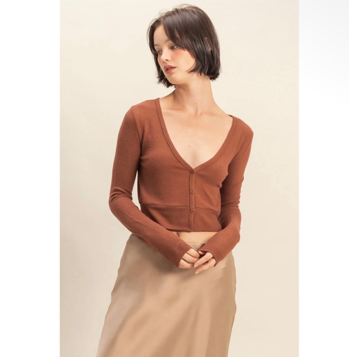 Crop V-Neck Long Sleeve Top