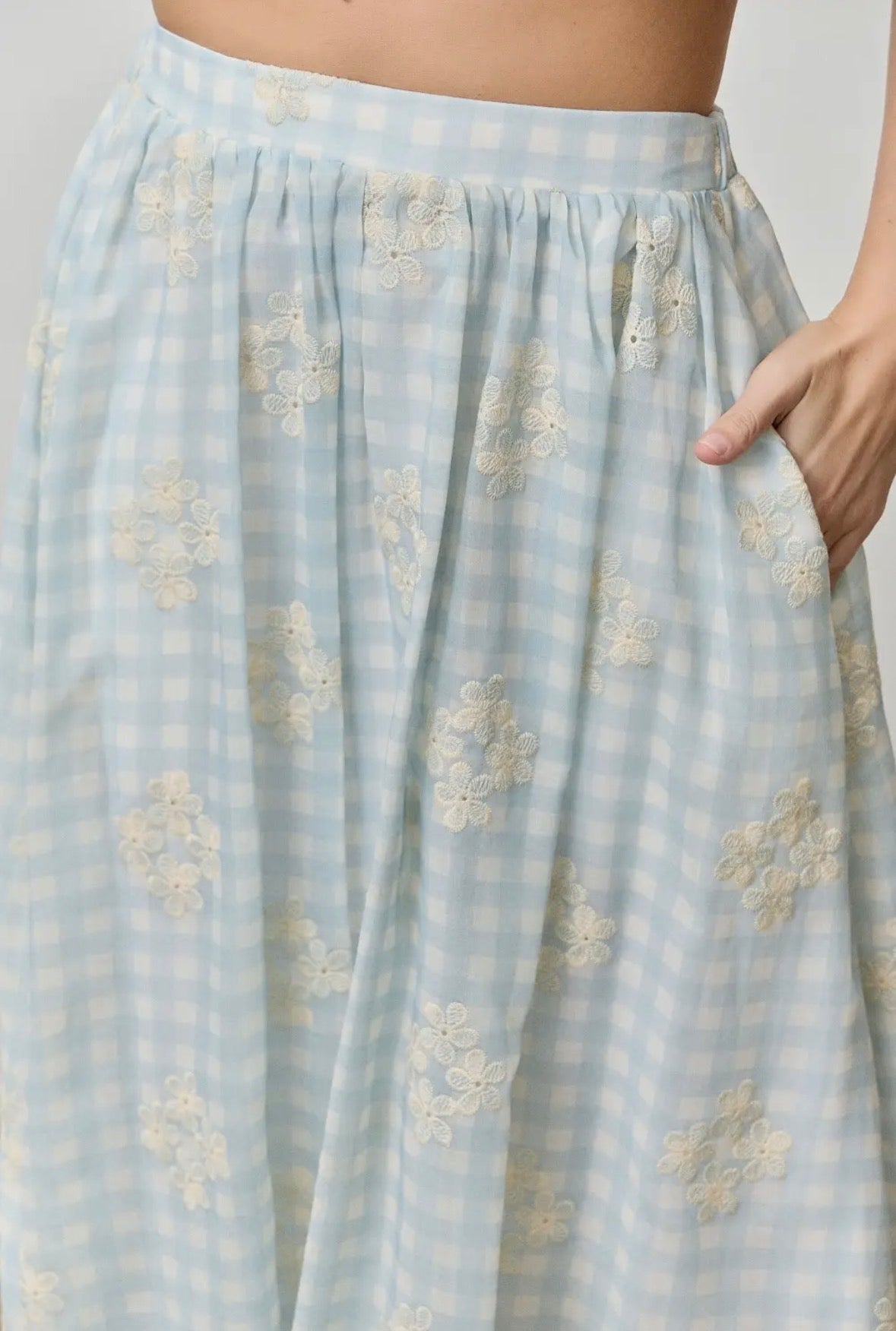 Floral Gingham Elastic Back Waist Midi Skirt
