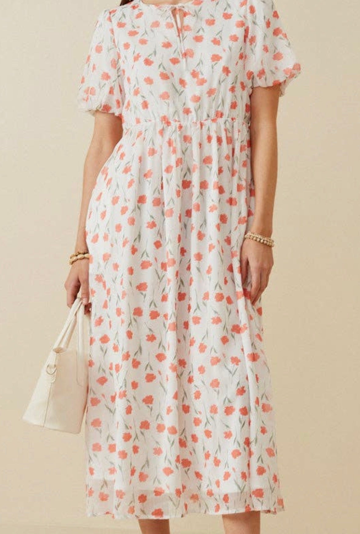 Tie Neck Floral Puff Sleeve Dress