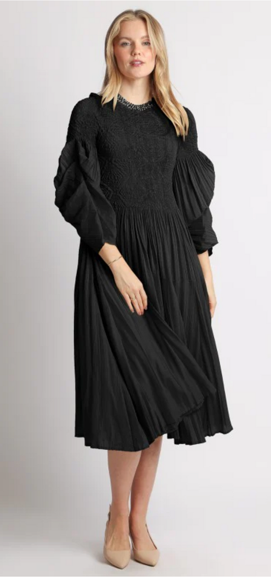 Embellished Pleat & Smocked Detail Midi Dress