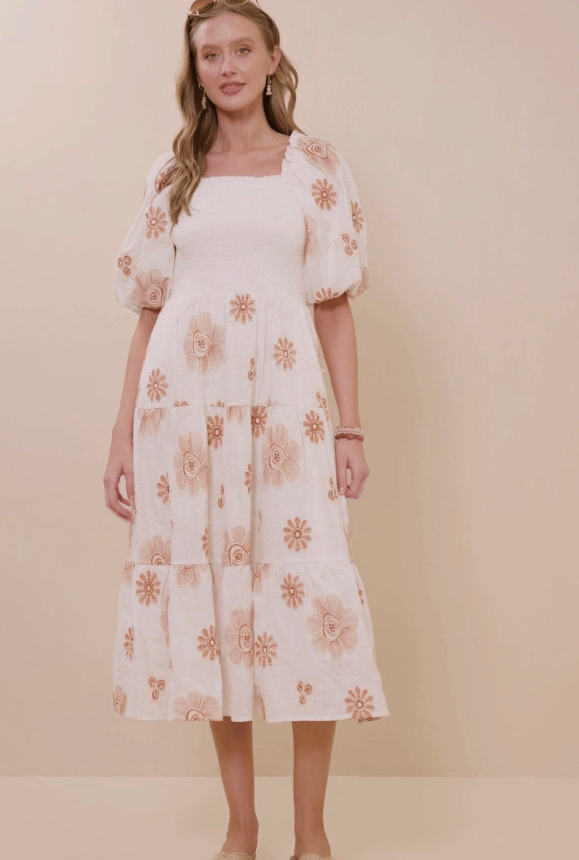Embroidered Smocked Bodice Midi Dress