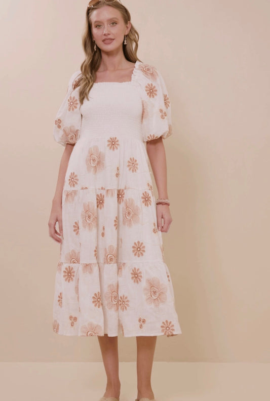 Embroidered Smocked Bodice Midi Dress