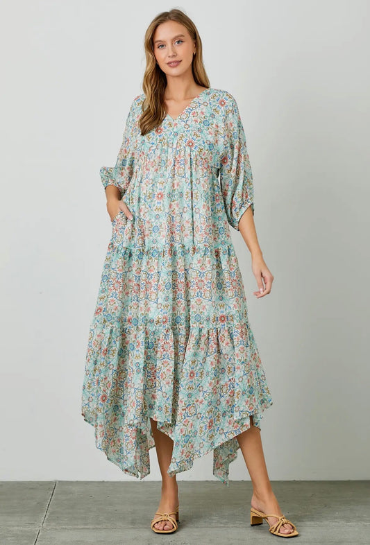 Ethnic Floral Print Hanky Hem Maxi Dress