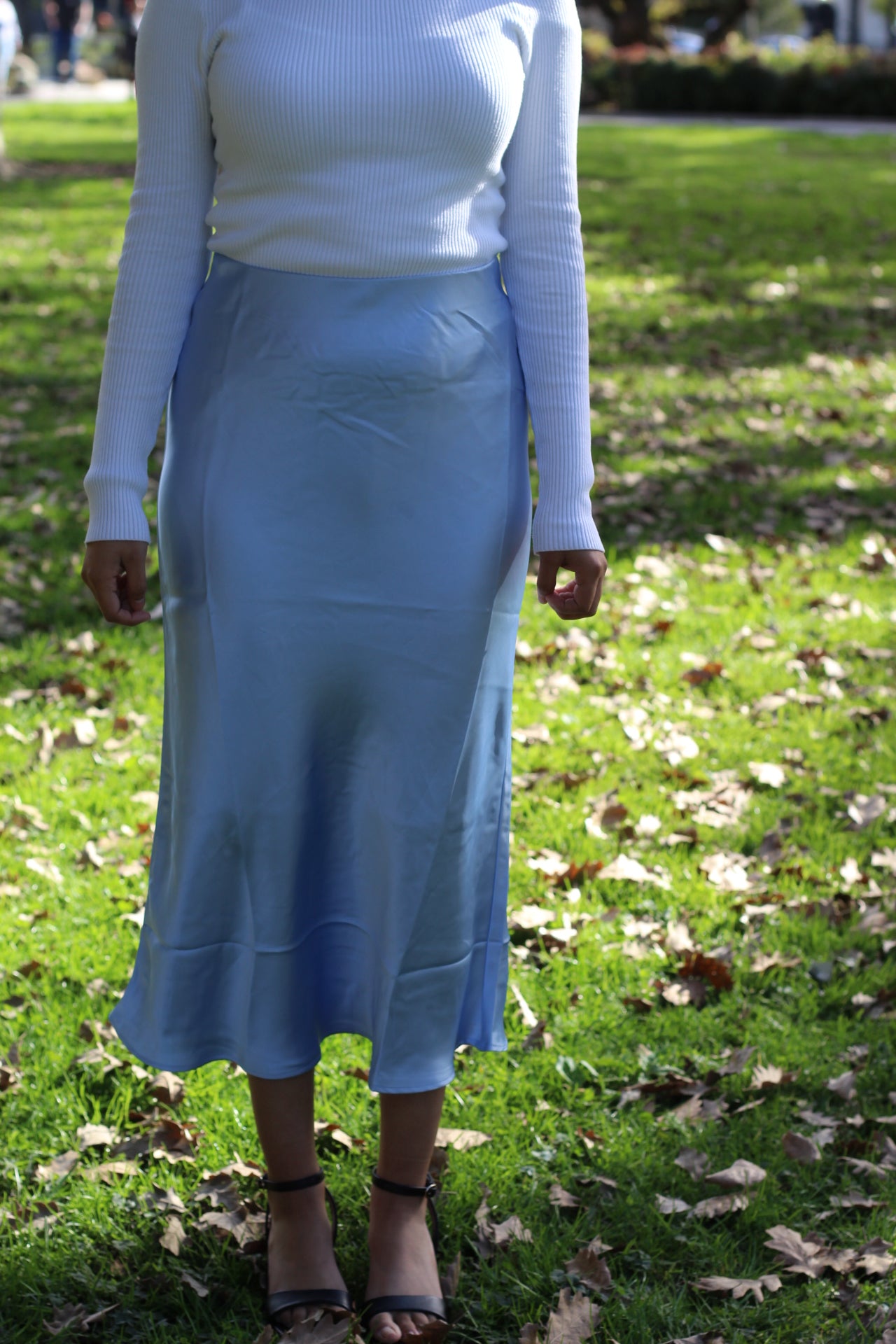 Ice Blue Midi Satin Skirt