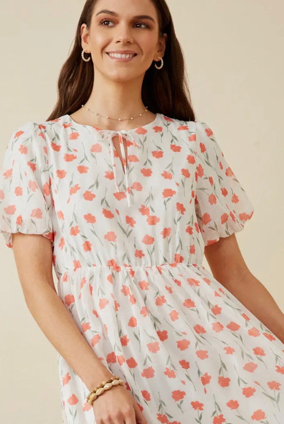 Tie Neck Floral Puff Sleeve Dress