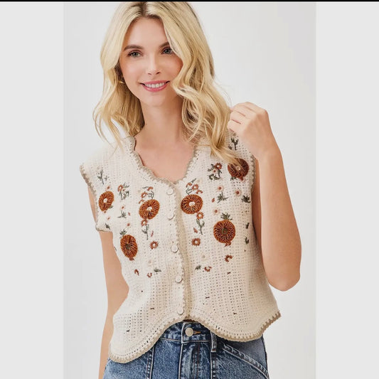 Floral Embroidery Sleeveless Vest