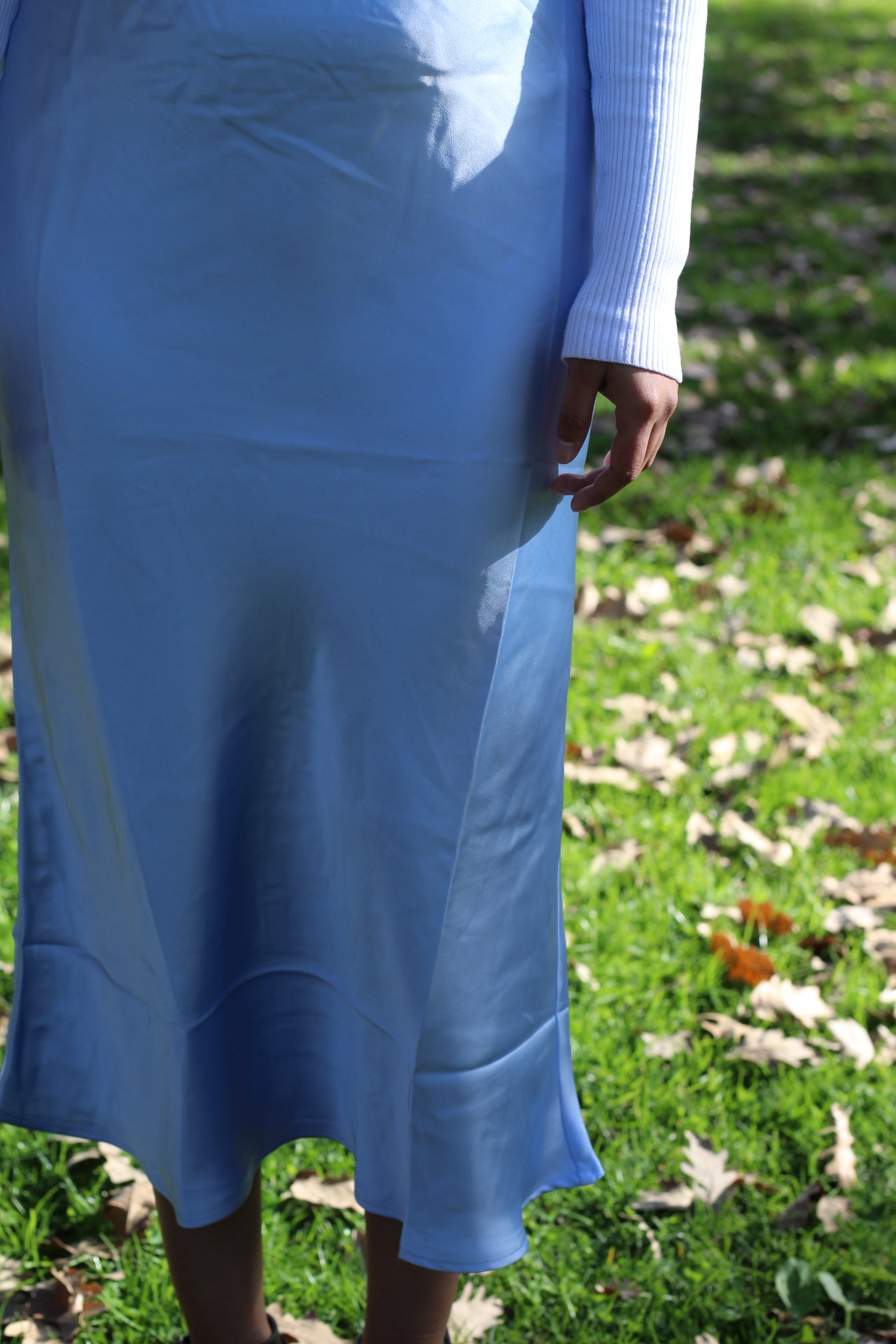 Ice Blue Midi Satin Skirt