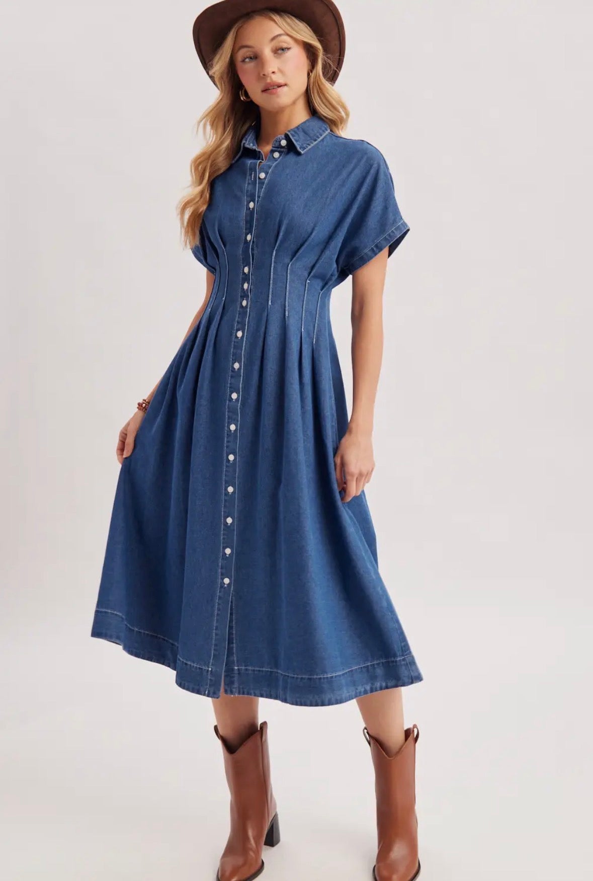 Button Down Pleated Waist Denim Shirt Dress