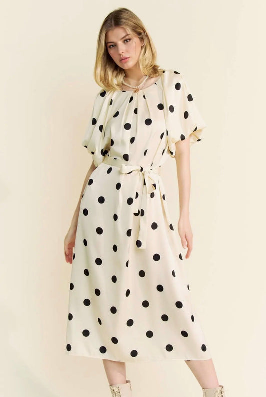 Polka Dot Puff Sleeves Waist Ties Midi Dress