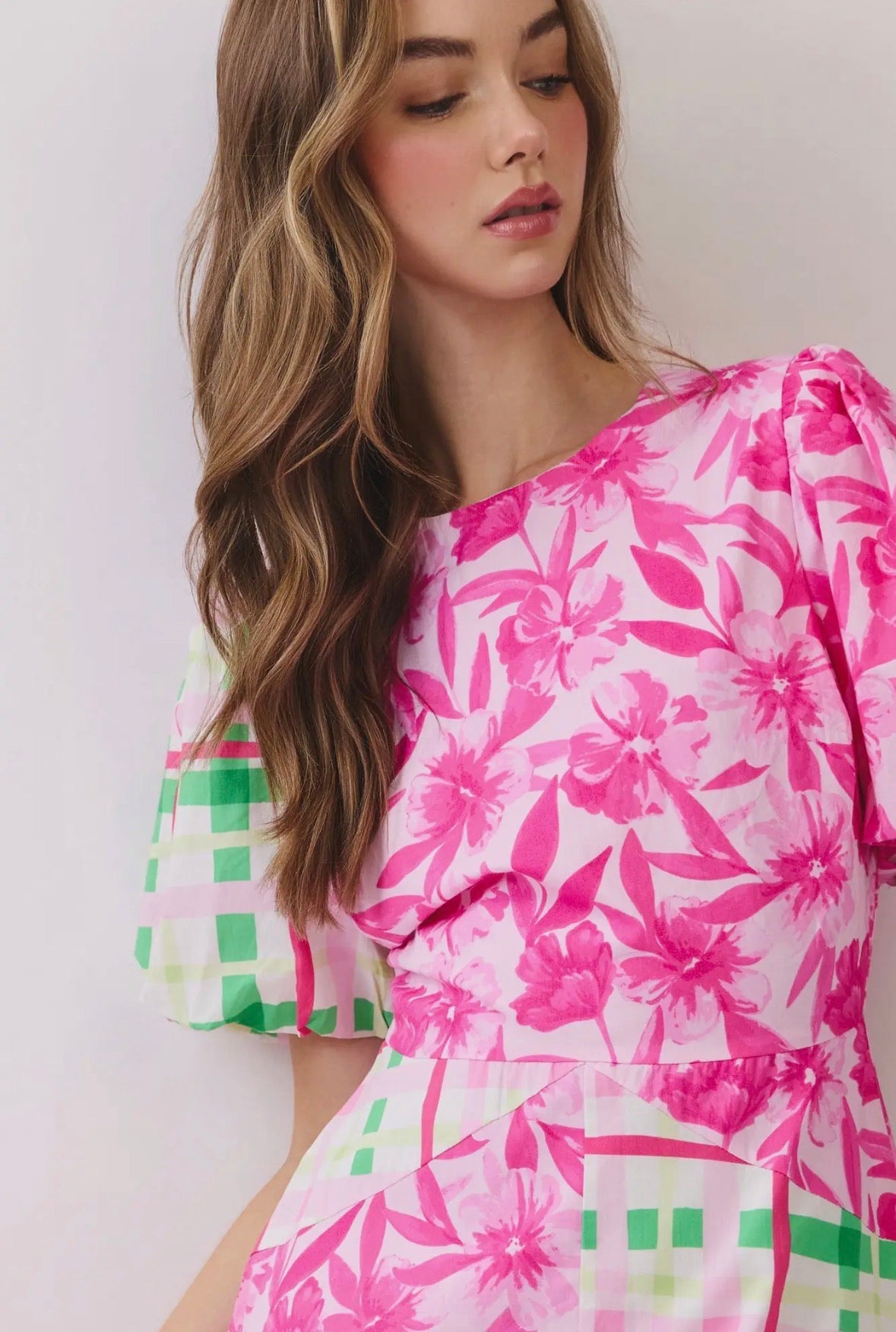 Mixed Print Puff Sleeves Midi Dress