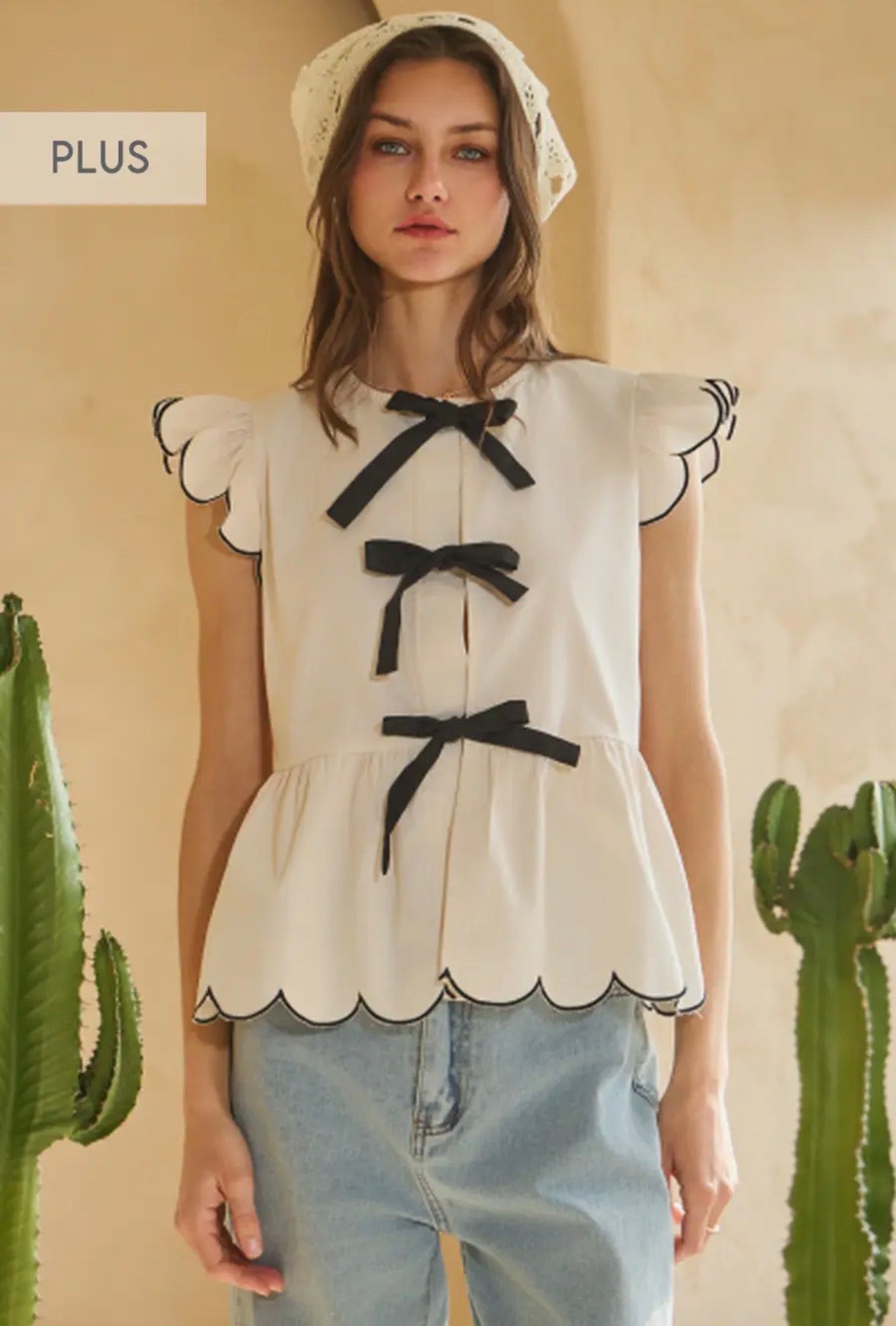 Plus Solid Poplin Front Tie Peplum Top