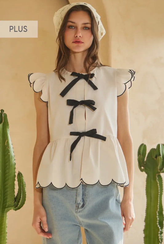 Plus Solid Poplin Front Tie Peplum Top