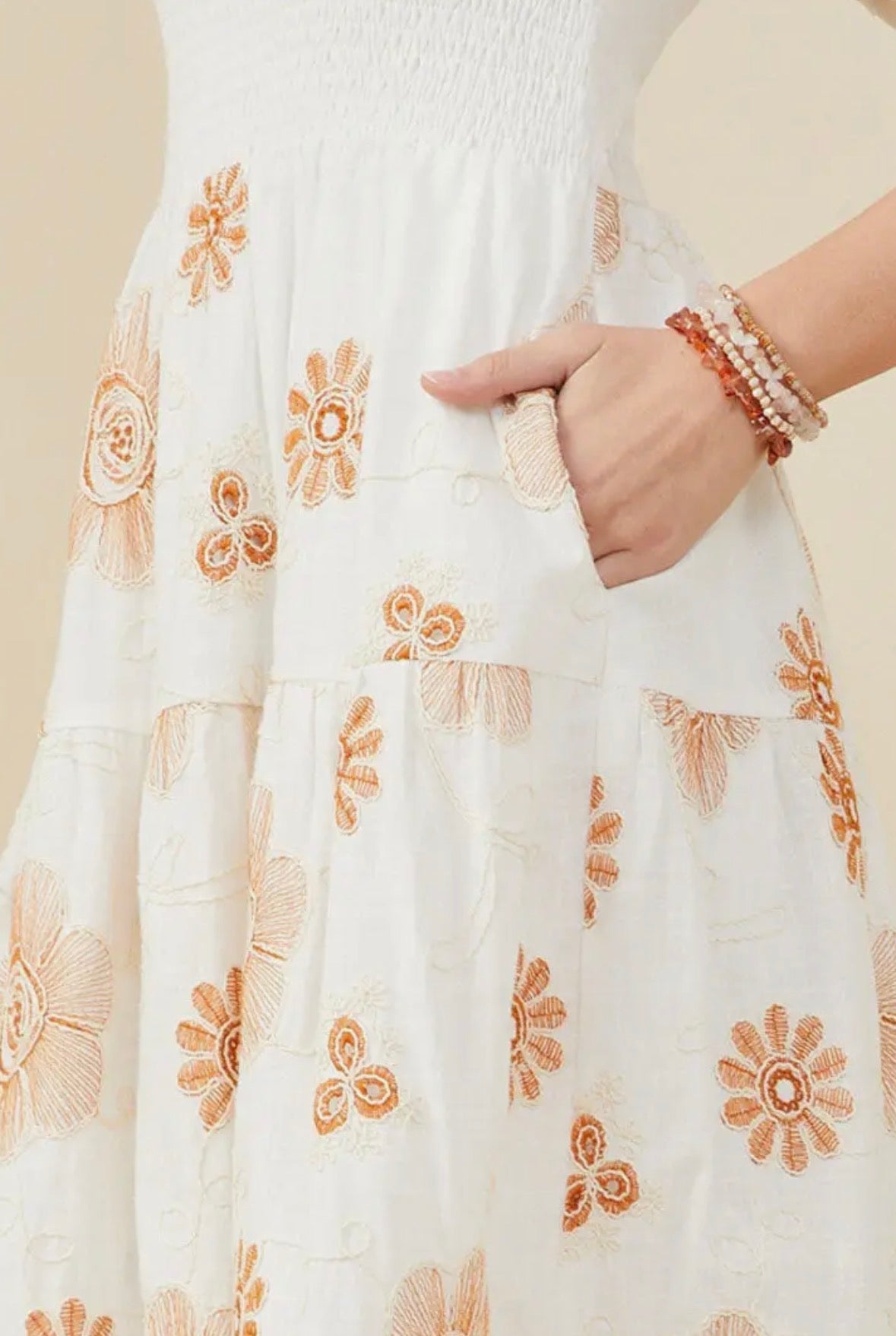 Embroidered Smocked Bodice Midi Dress