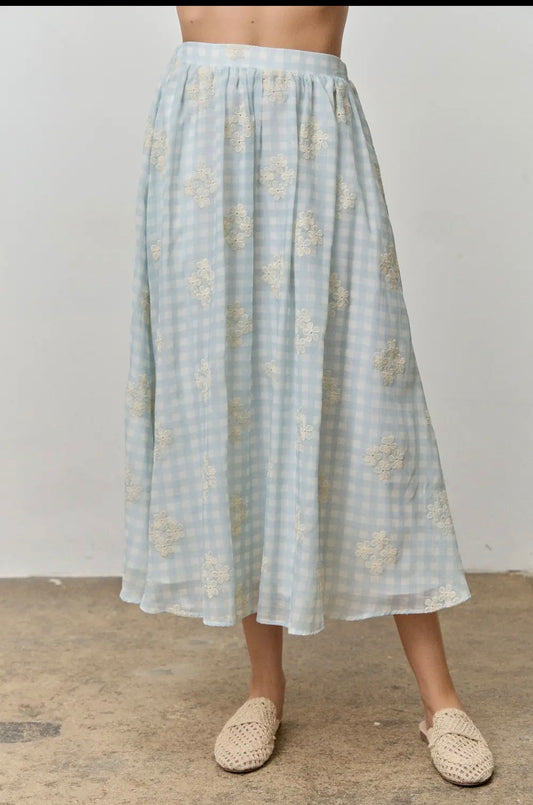 Floral Gingham Elastic Back Waist Midi Skirt