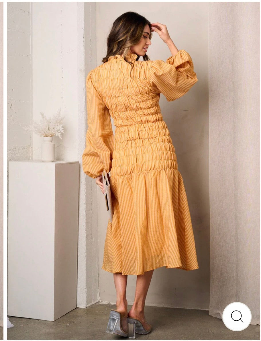 Long Ballon Sleeve Ruched Midi Dress