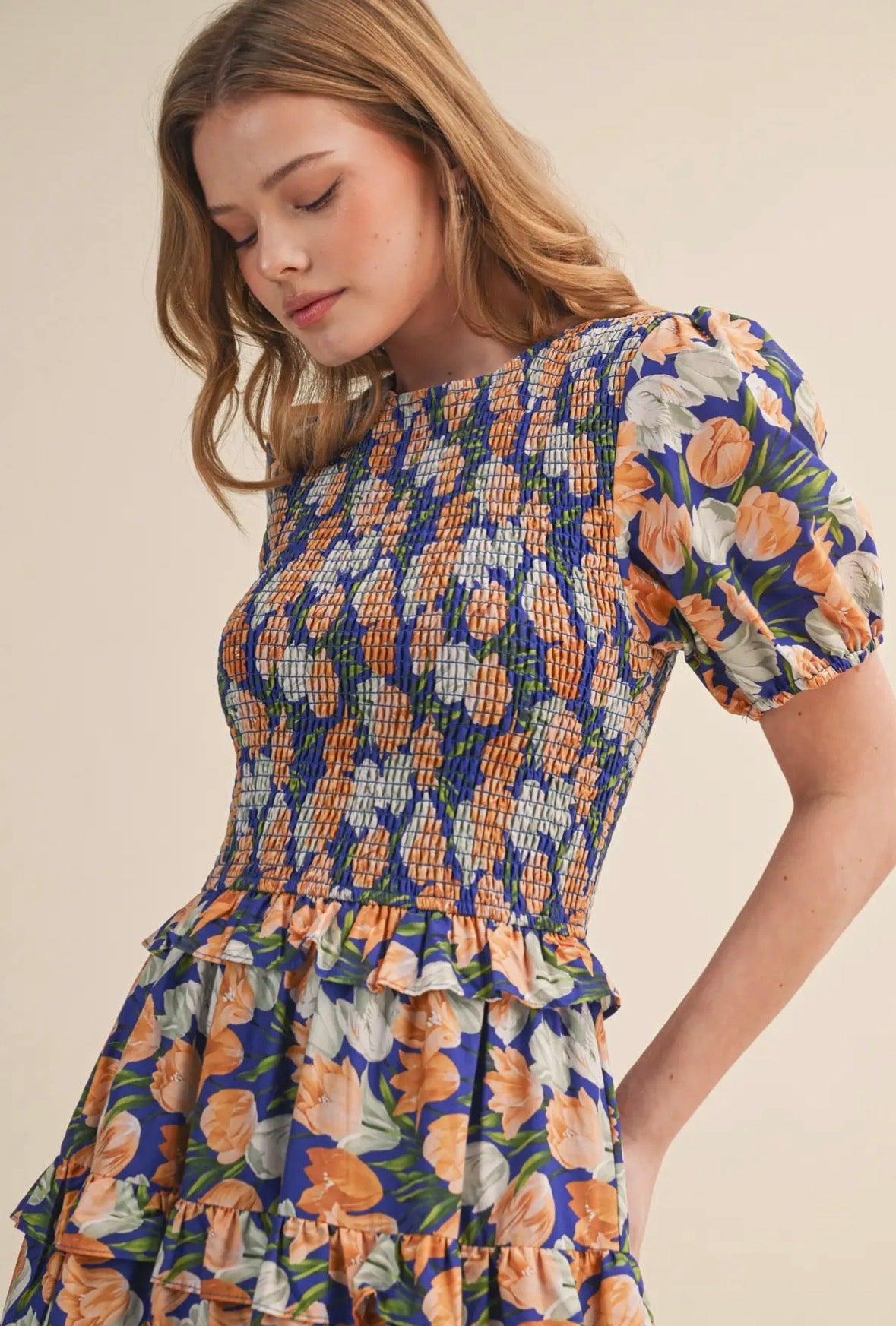Floral Smocked Bodice Midi Dress