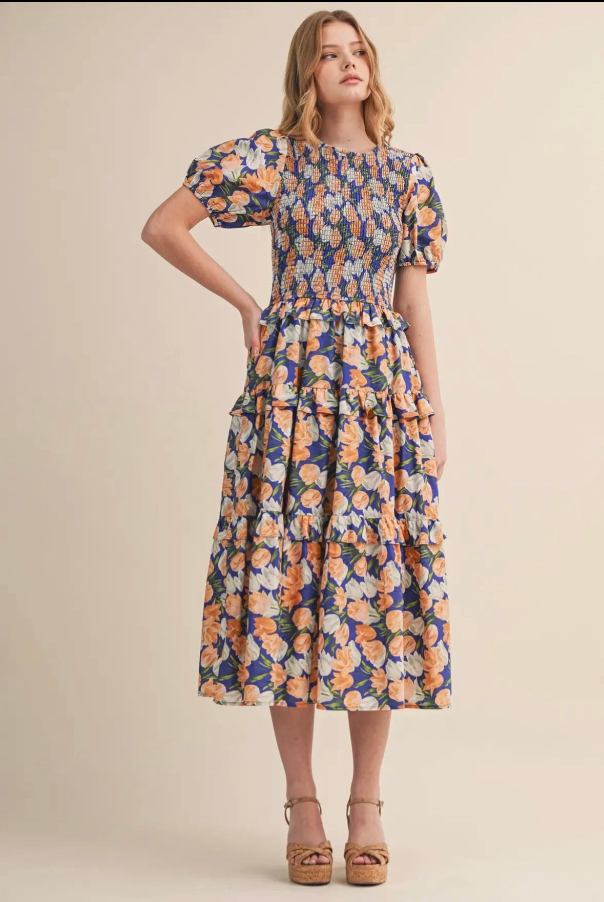 Floral Smocked Bodice Midi Dress